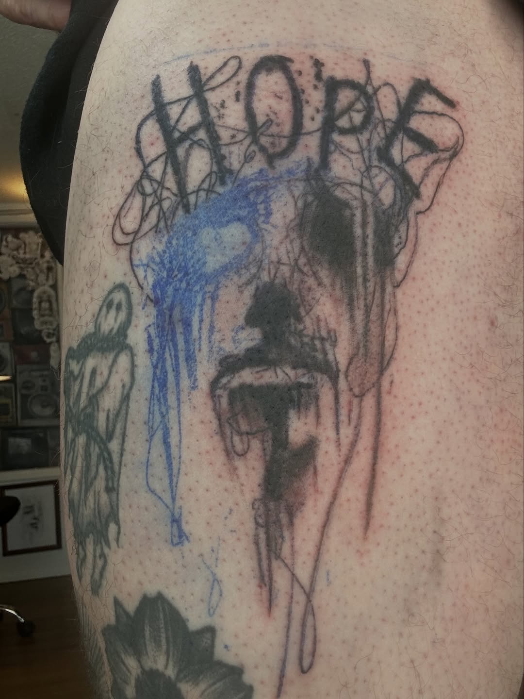 Tattoo by @melancholykory.tattoo — trash_polka, lettering_script