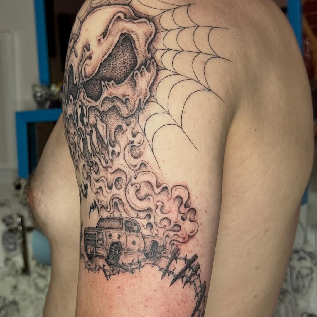 Tattoo by @madonna_the_slut — black_and_grey, dotwork