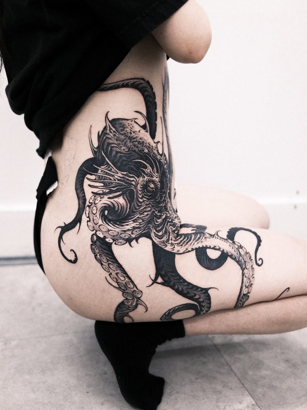 Tattoo by @wooleh__ — blackwork, dark_realism