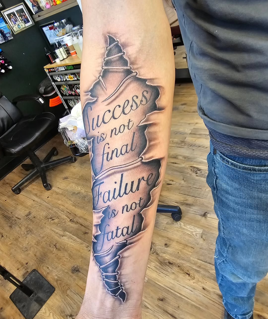 Tattoo by @indeedilly — lettering_script, black_and_grey