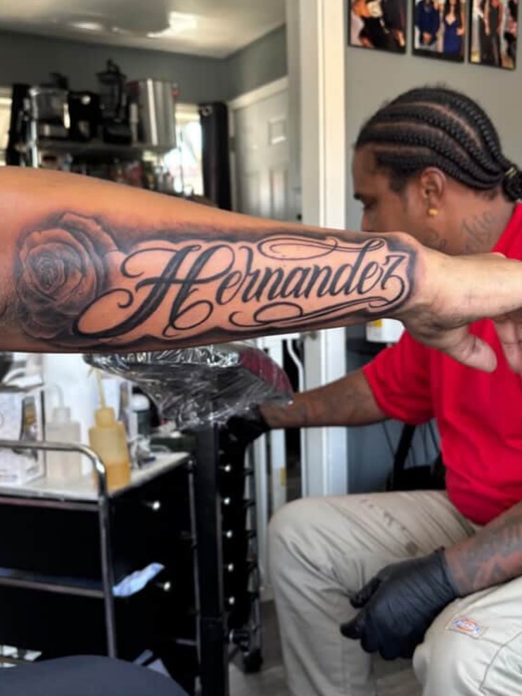 Tattoo by @tattsbybris — lettering_script, black_and_grey