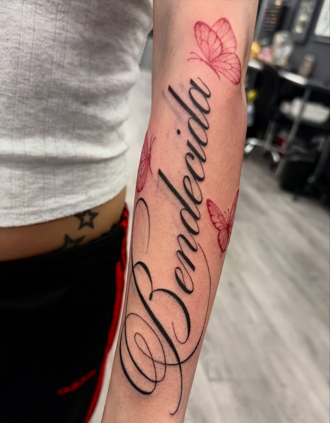 Tattoo by @babytattooer — lettering_script, illustrative