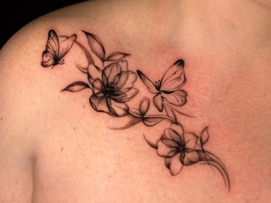 Tattoo by @songsparrowink — black_and_grey, fine_line