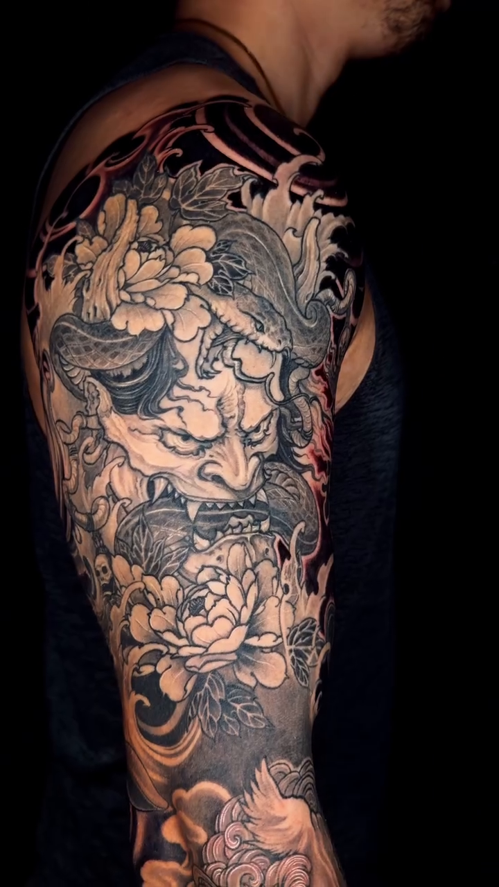 Tattoo by @tiantattooart — japanese_irezumi, black_and_grey