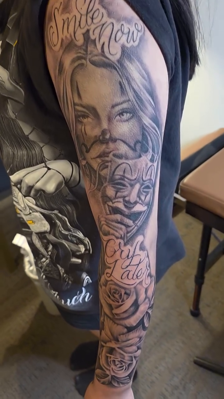 Tattoo by @juniorinkslinger — chicano, black_and_grey