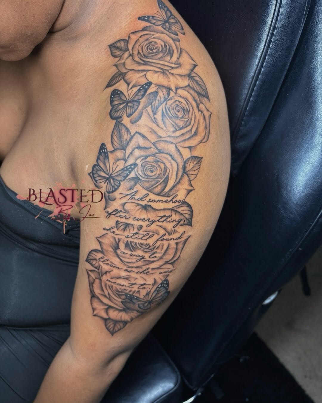 Tattoo by @blastedbyjaz — black_and_grey, lettering_script