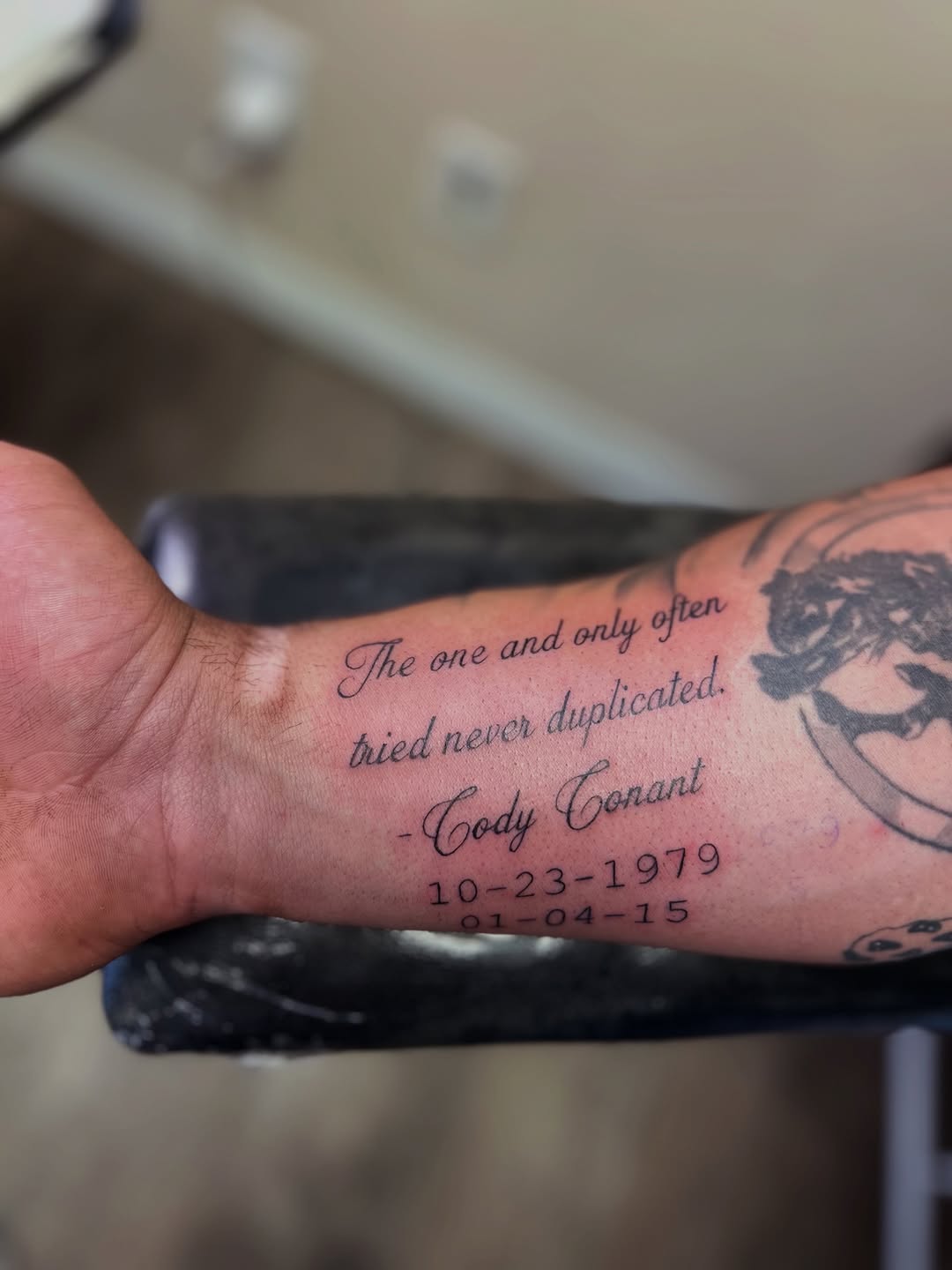 Tattoo by @hawkins.mirrandaa — lettering_script, fine_line