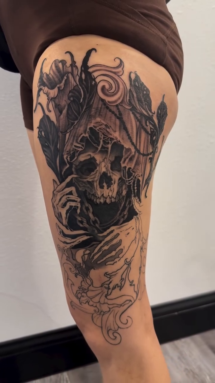 Tattoo by @moya__ink — dark_realism, black_and_grey