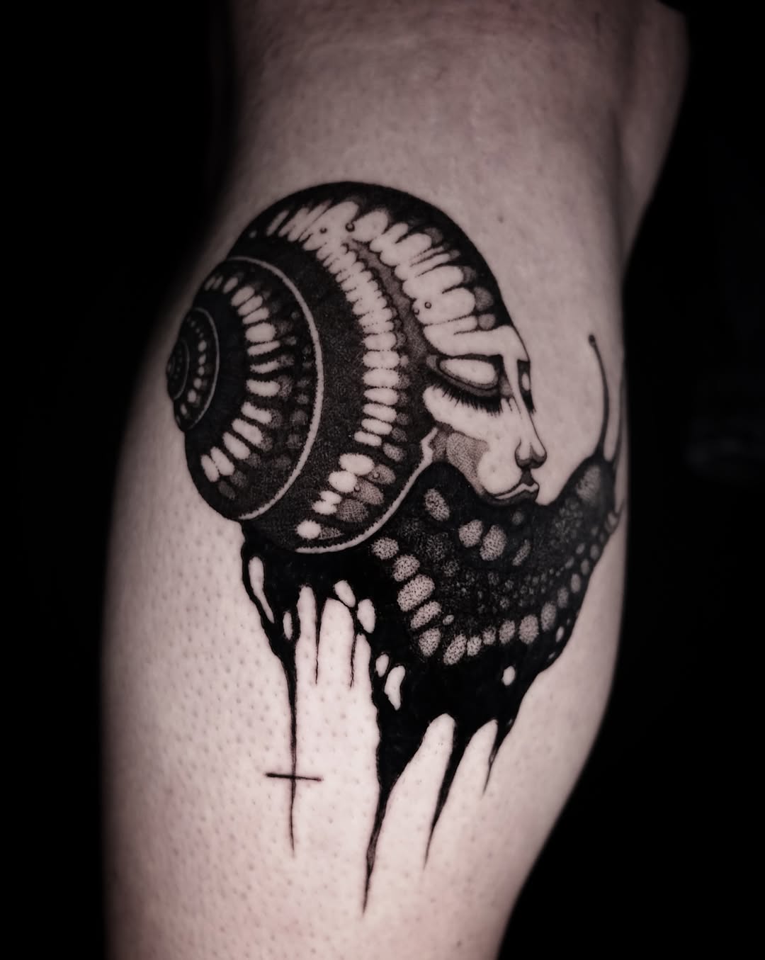 Tattoo by @kikimora.tattoo — black_and_grey, dark_realism