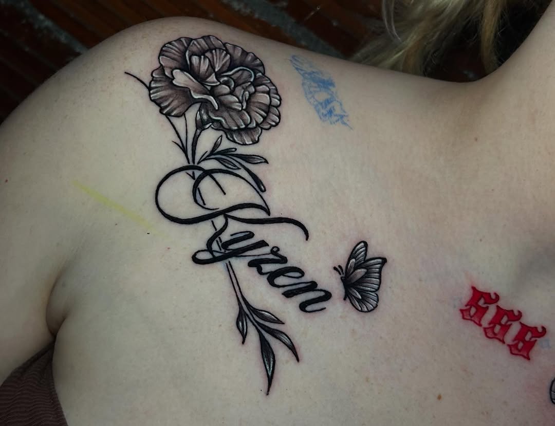 Tattoo by @amry.tattoos โ lettering_script, black_and_grey