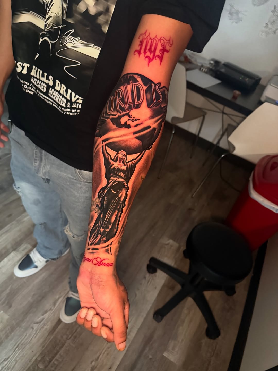 Tattoo by @societiesmenece β black_and_grey, lettering_script