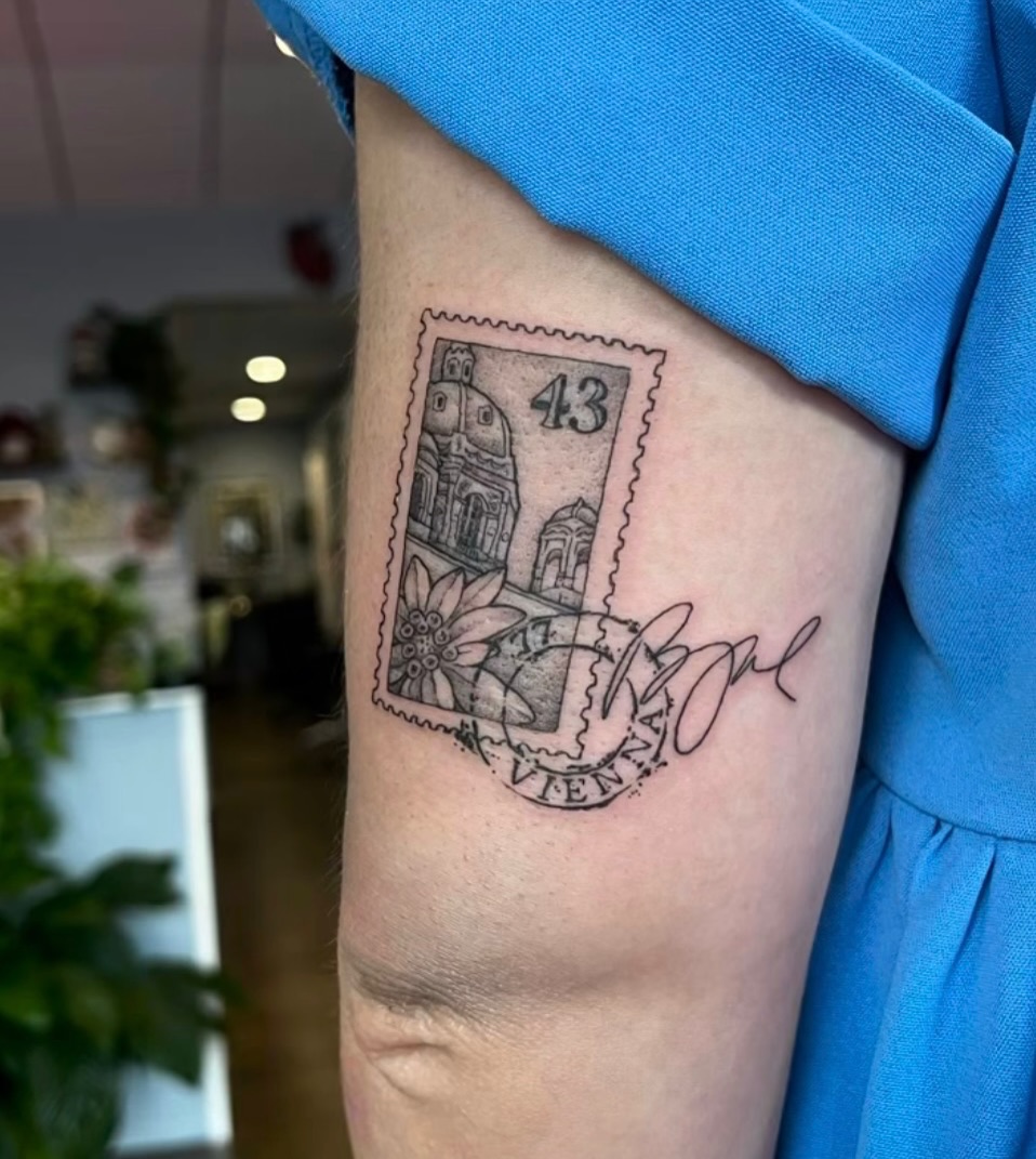 Tattoo by @bambee.tattoos — black_and_grey, lettering_script