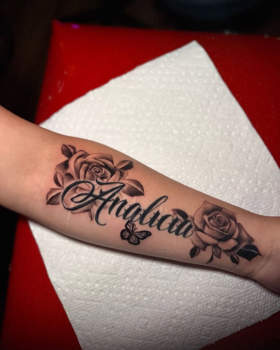 Tattoo by @tattoosbyluckyv — lettering_script, black_and_grey