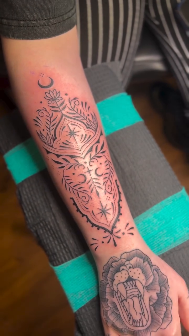 Tattoo by @bluecattats — illustrative, ornamental