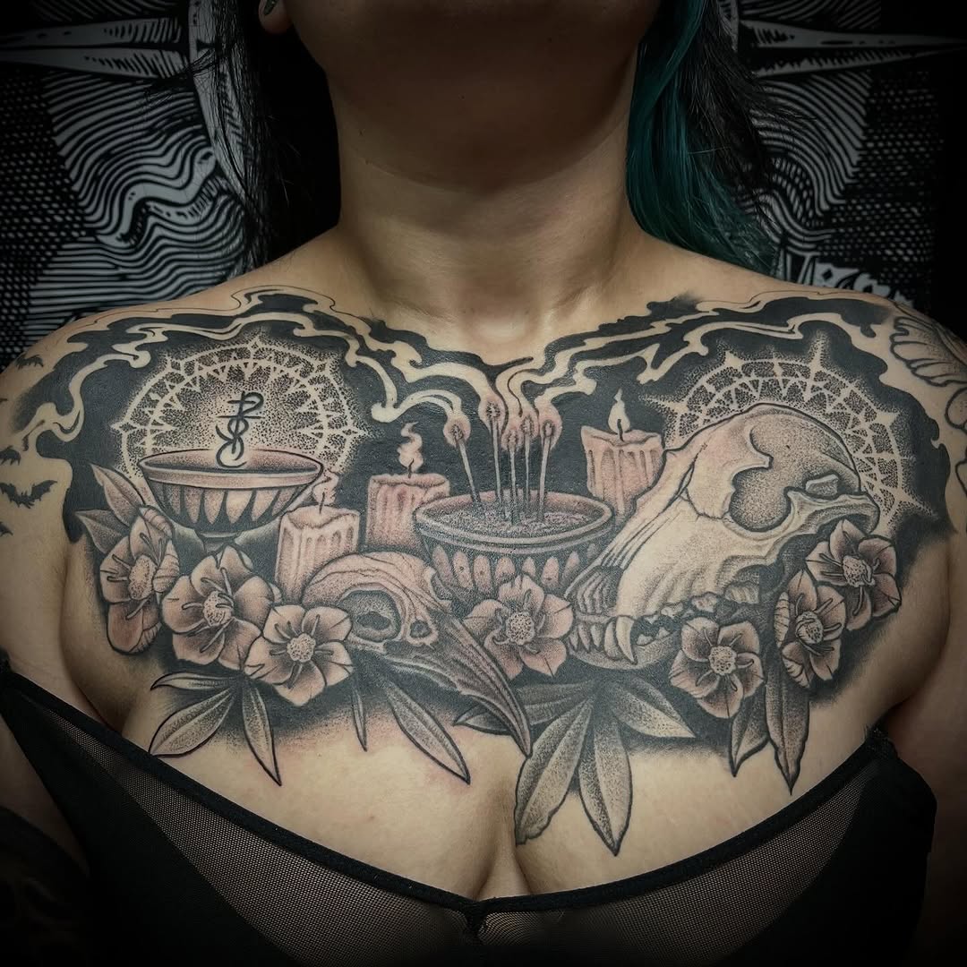 Tattoo by @velesara_tattoo — black_and_grey, dark_realism