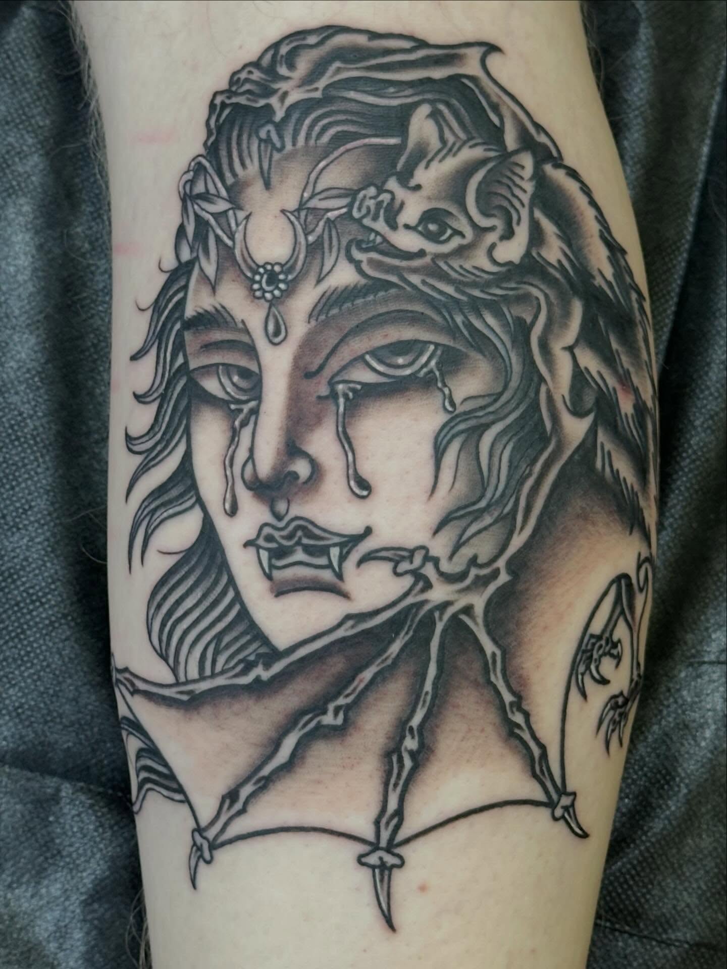 Tattoo by @sailorsushi_ — black_and_grey, dark_realism