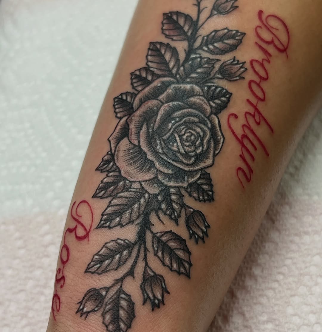 Tattoo by @stephaniepeanut123 — black_and_grey, lettering_script