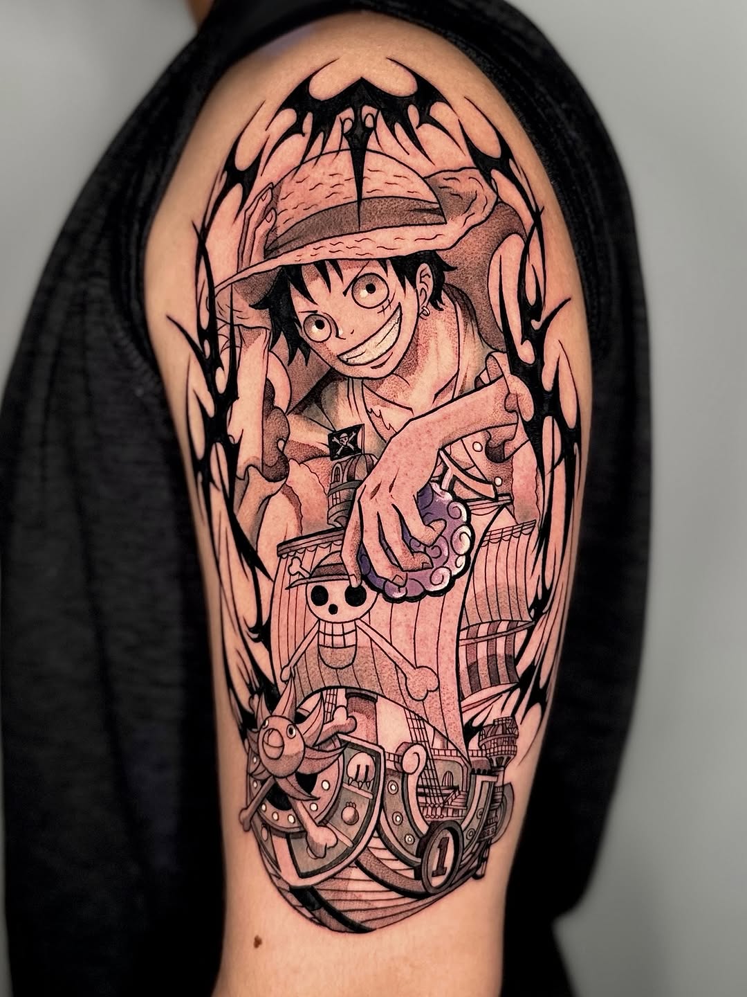 Tattoo by @solrugama — anime, black_and_grey
