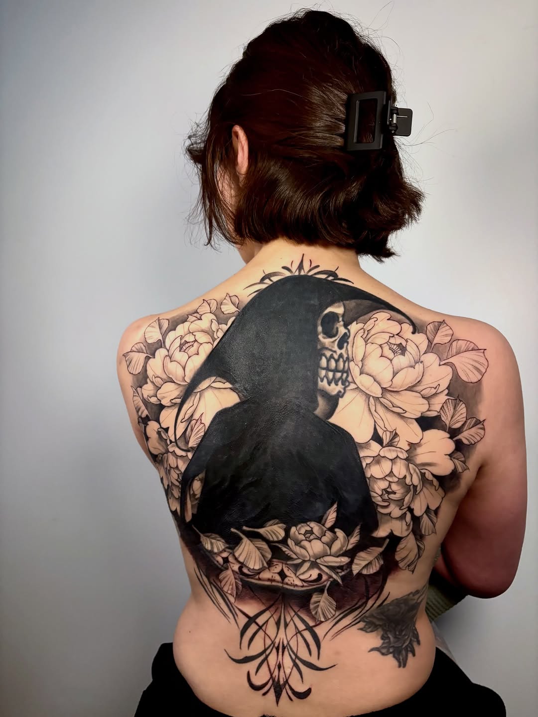 Tattoo by @thora_lorelei — black_and_grey, dark_realism