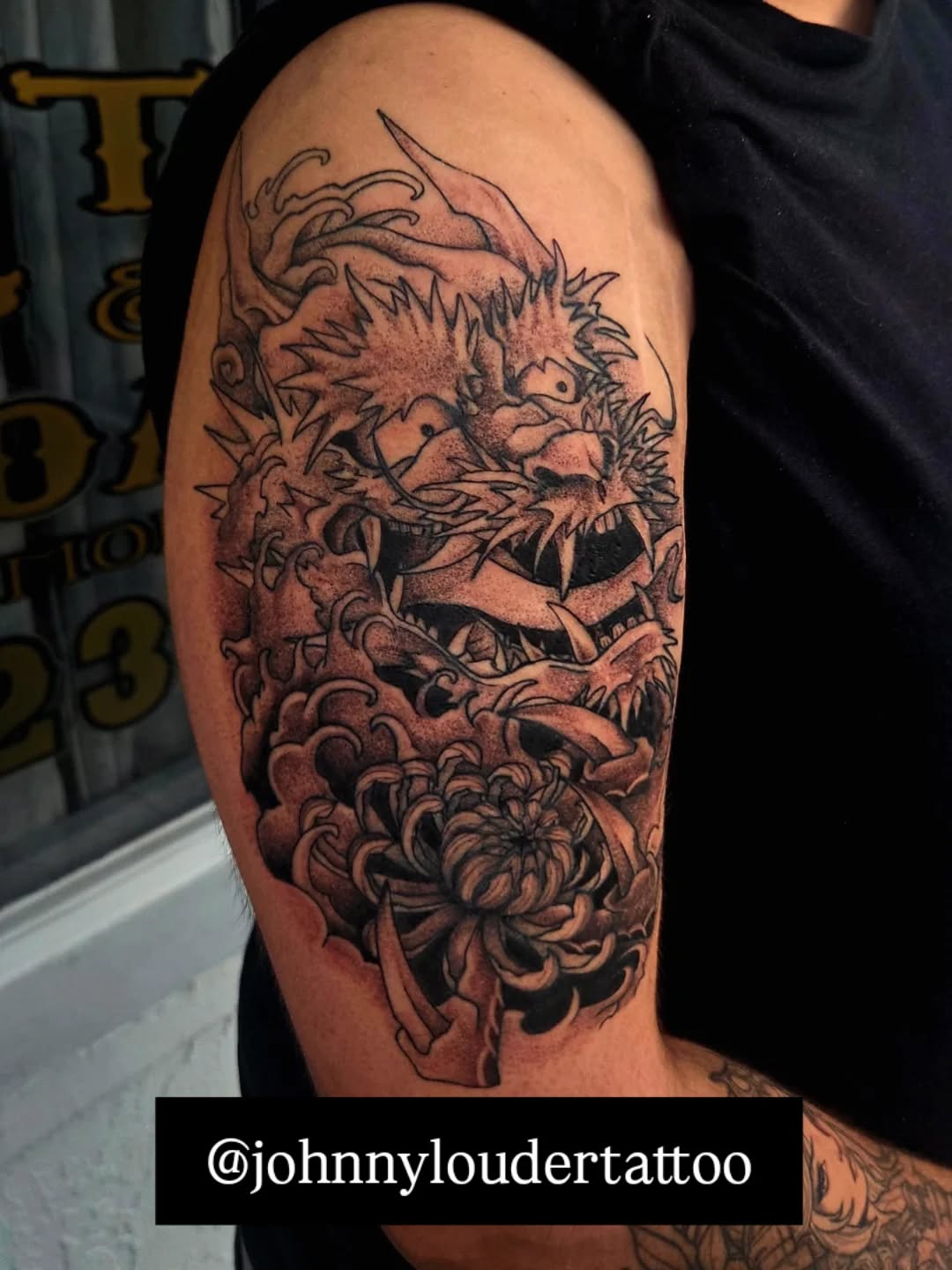 Tattoo by @johnnyloudertattoo β japanese_irezumi, black_and_grey