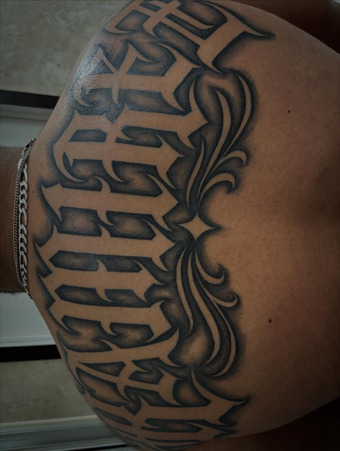 Tattoo by @cesarbee — lettering_script, chicano