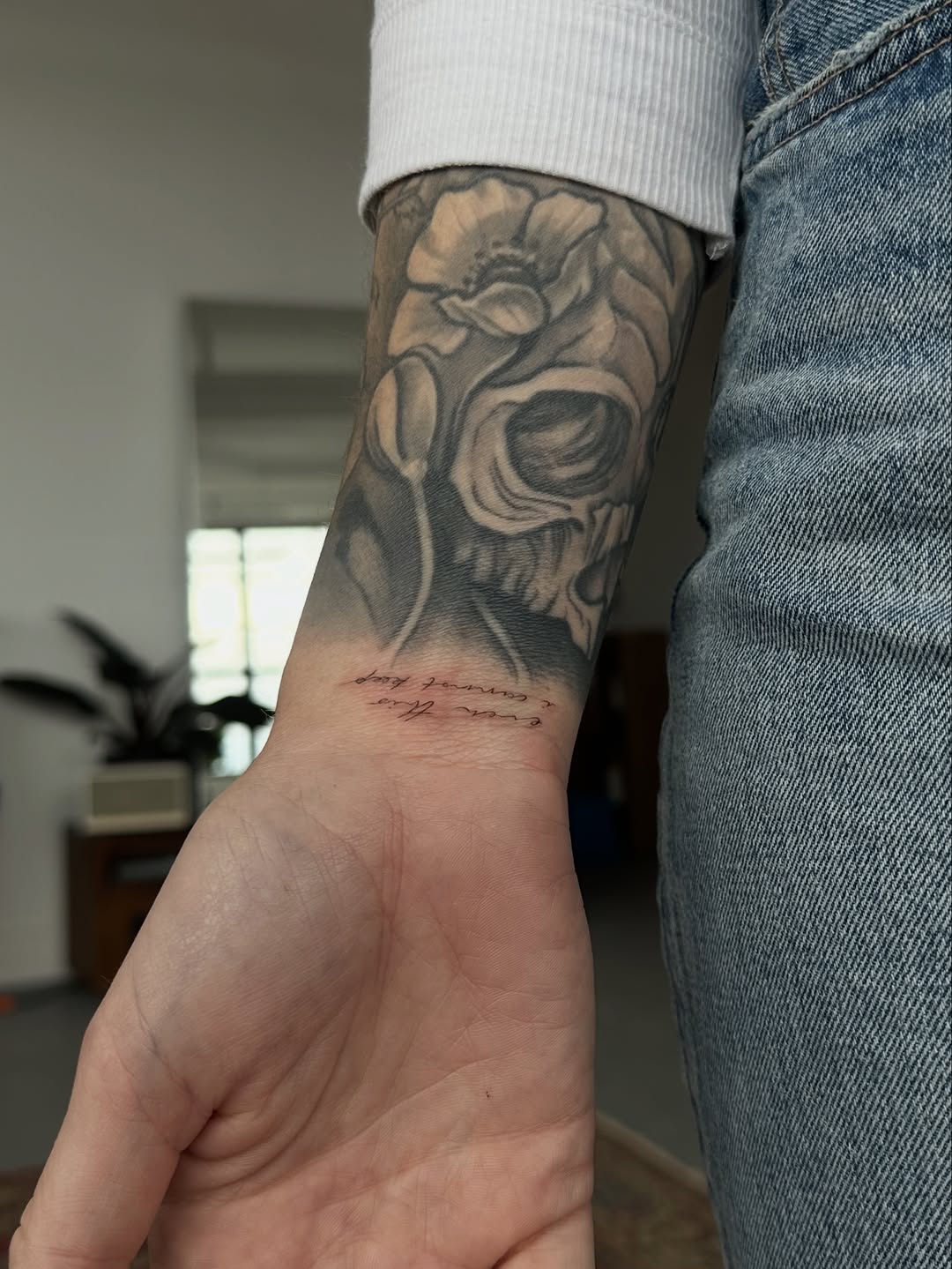 Tattoo by @taravychi — black_and_grey, lettering_script