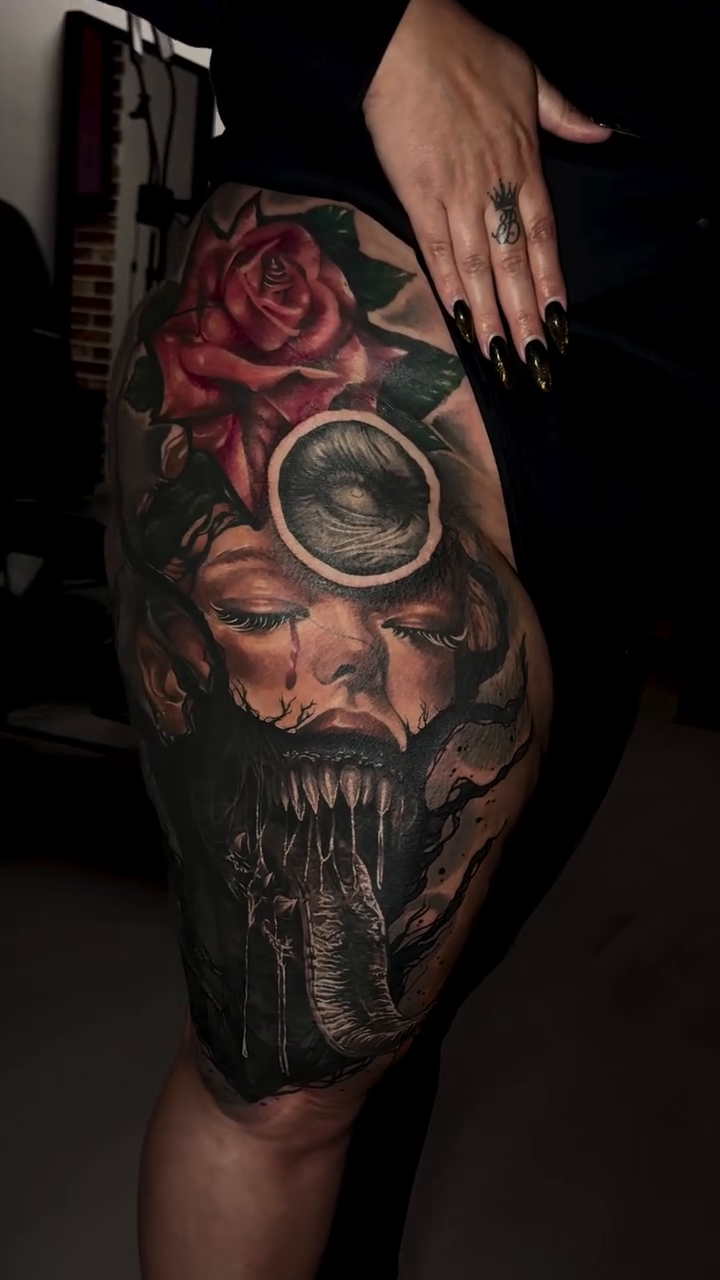 Tattoo by @danaratattoos — dark_realism, black_and_grey