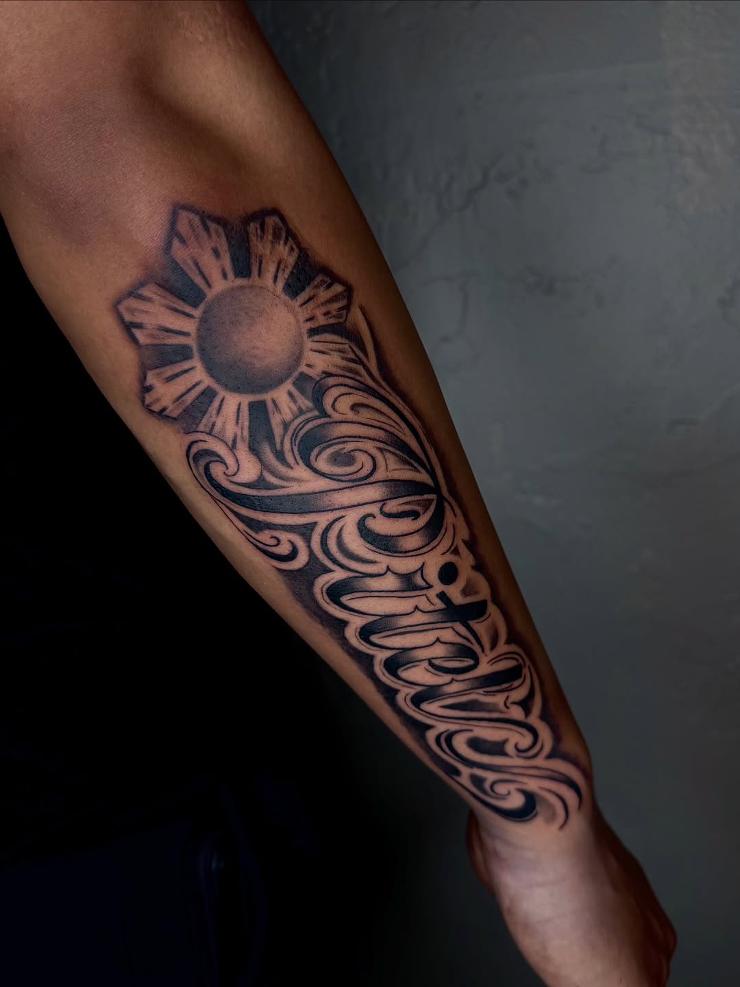 Tattoo by @mamagiatattoos โ lettering_script, black_and_grey