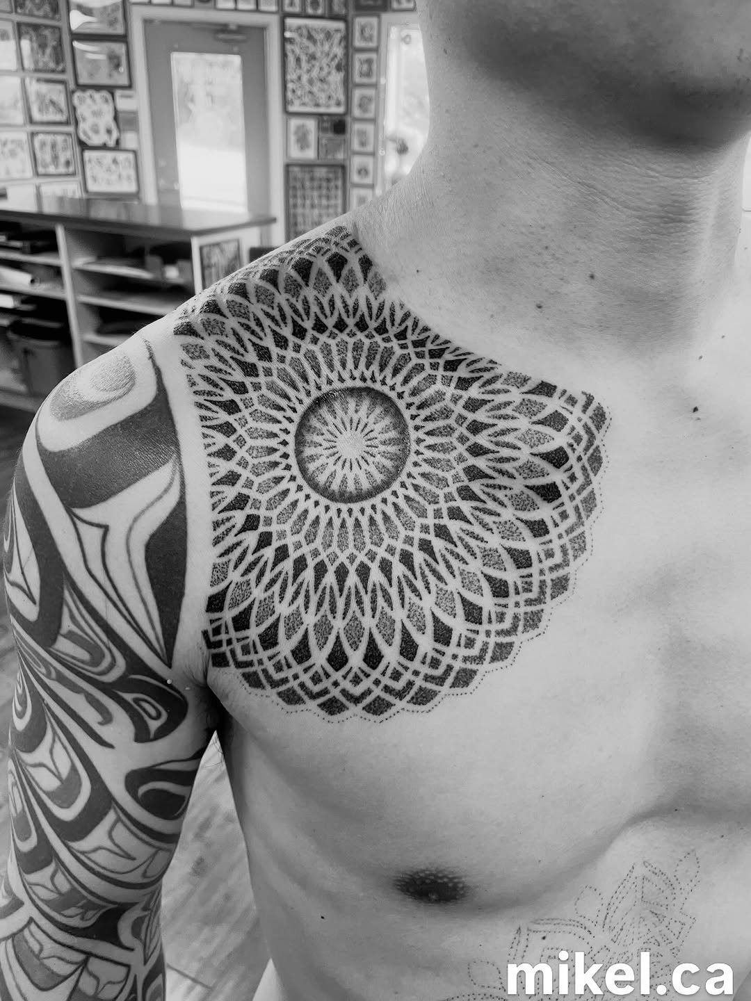 Tattoo by @mikel_tattoosangha — dotwork, geometric