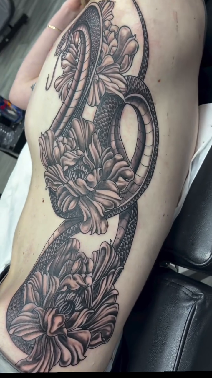 Tattoo by @brittanytattoome — japanese_irezumi, black_and_grey