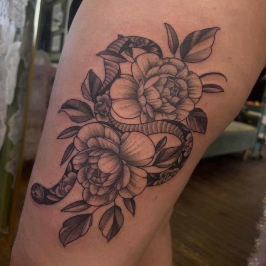 Tattoo by @madelinekristentattoo — black_and_grey, illustrative