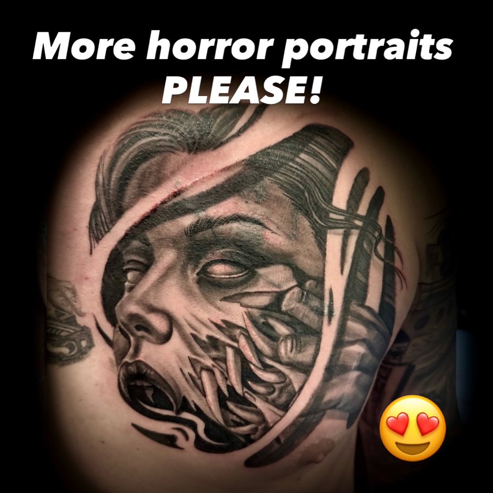 Tattoo by @karrissastitttattoos — dark_realism, black_and_grey