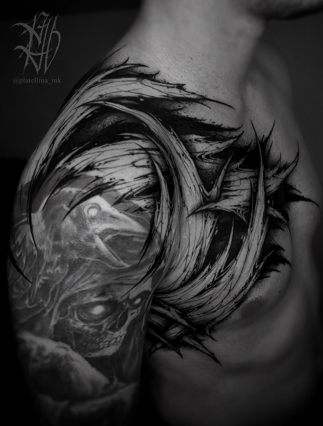 Tattoo by @platellina_ink — blackwork, dark_realism