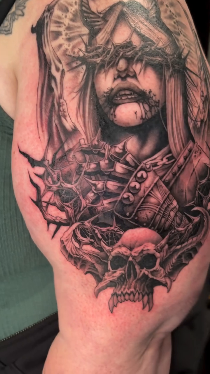 Tattoo by @_electricyeti_ — dark_realism, black_and_grey