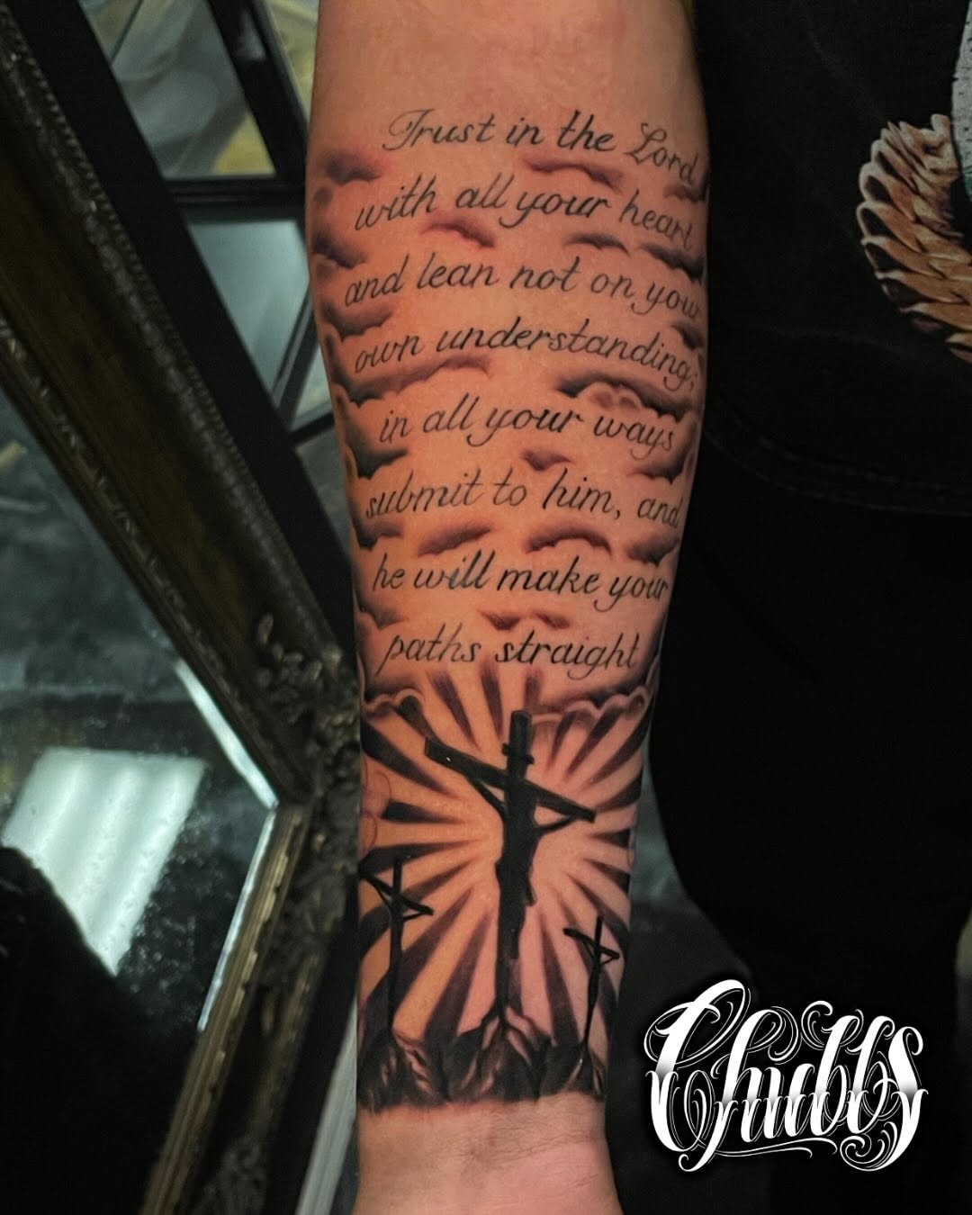 Tattoo by @tatsbychubbs — black_and_grey, lettering_script