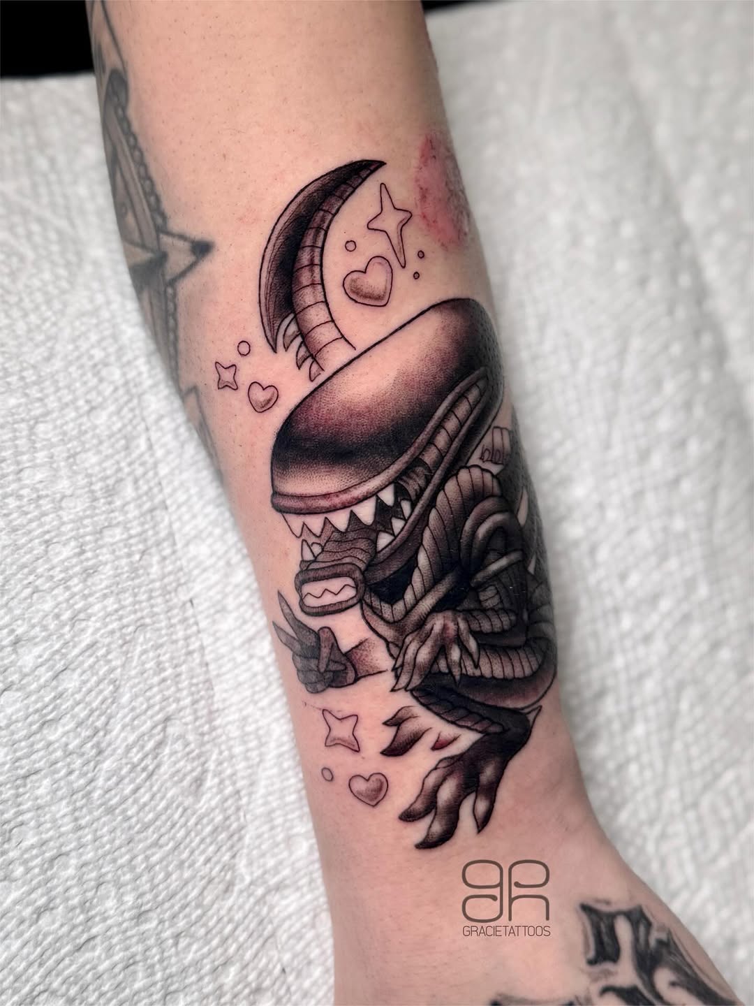 Tattoo by @gracietattoos — new_school, black_and_grey