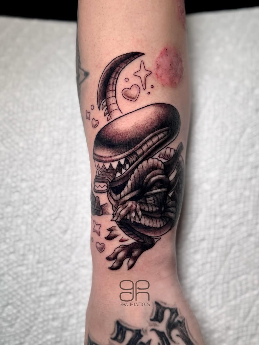Tattoo by @gracietattoos — new_school, black_and_grey