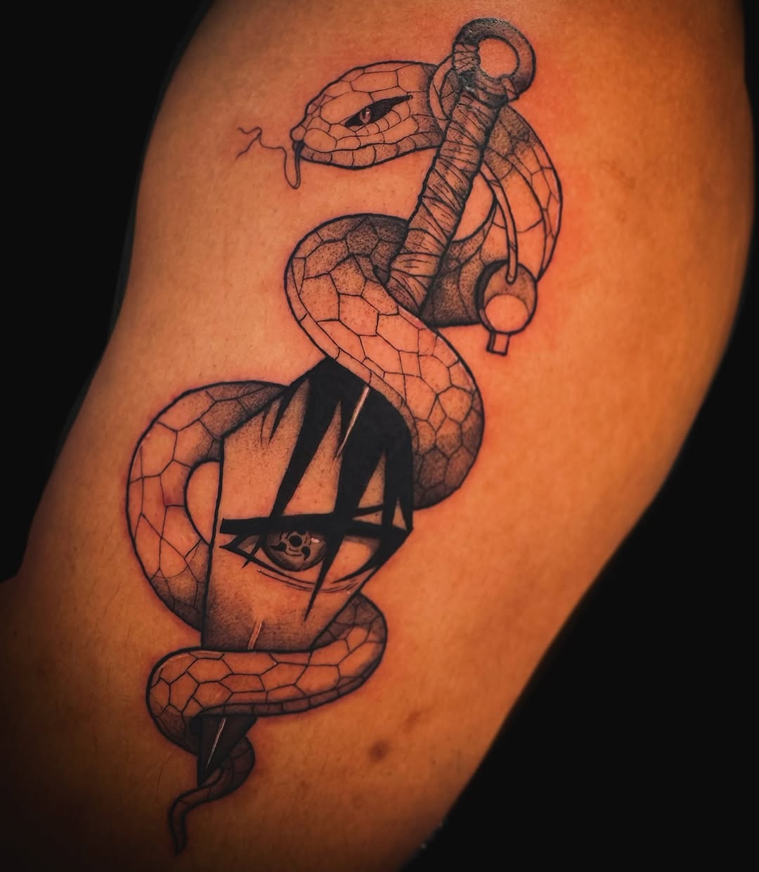 Tattoo by @astrochocobo — anime, black_and_grey