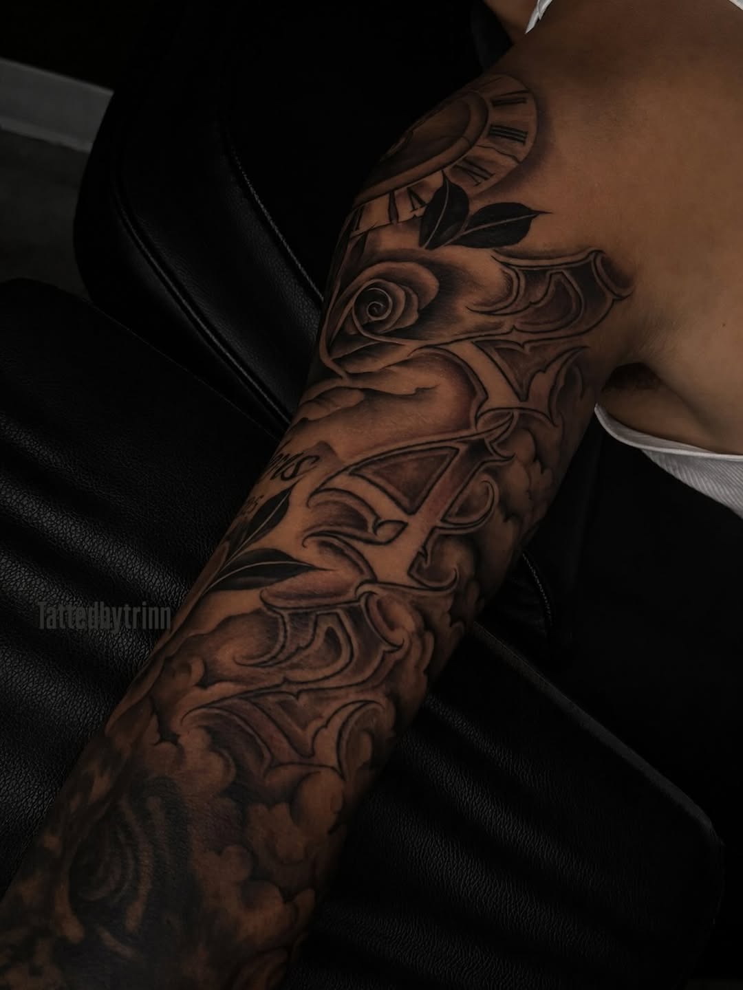 Tattoo by @tattedbytrinn — lettering_script, black_and_grey