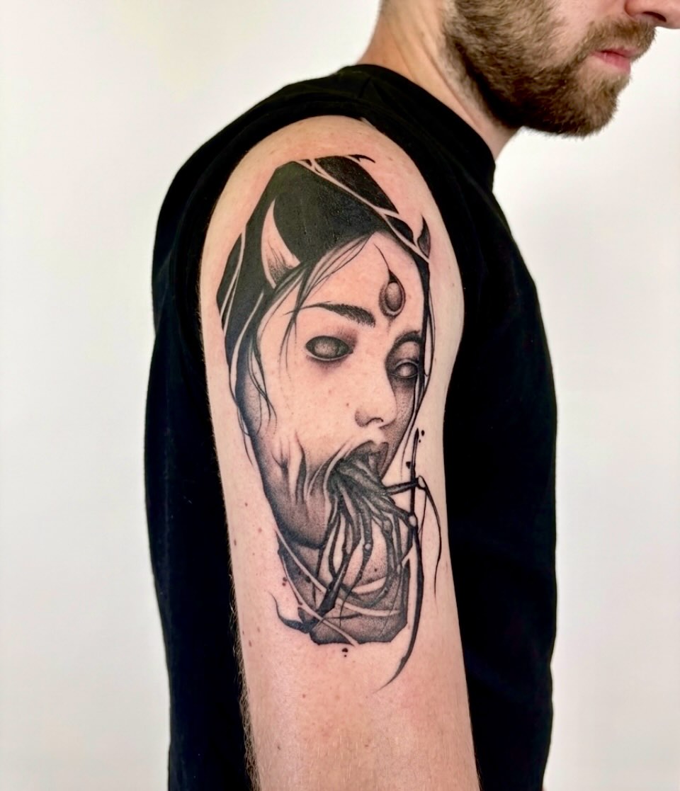 Tattoo by @javitattoo.nyc — dark_realism, black_and_grey