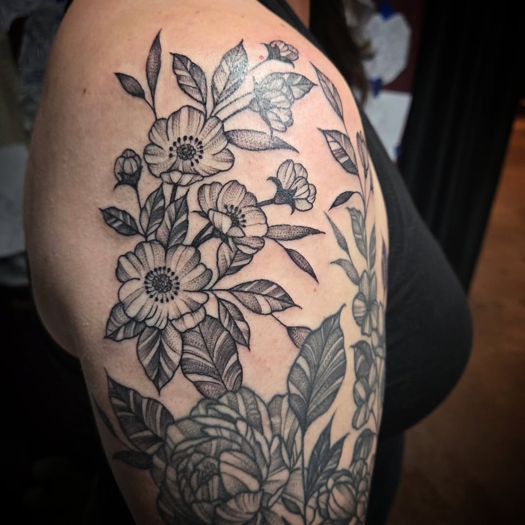 Tattoo by @killer_cait — dotwork, black_and_grey