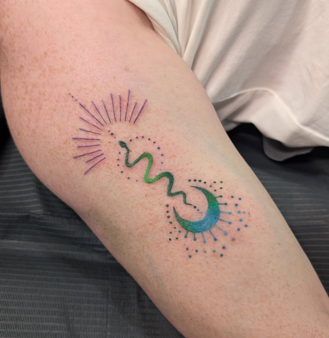 Tattoo by @caitlin.astrid — illustrative, dotwork