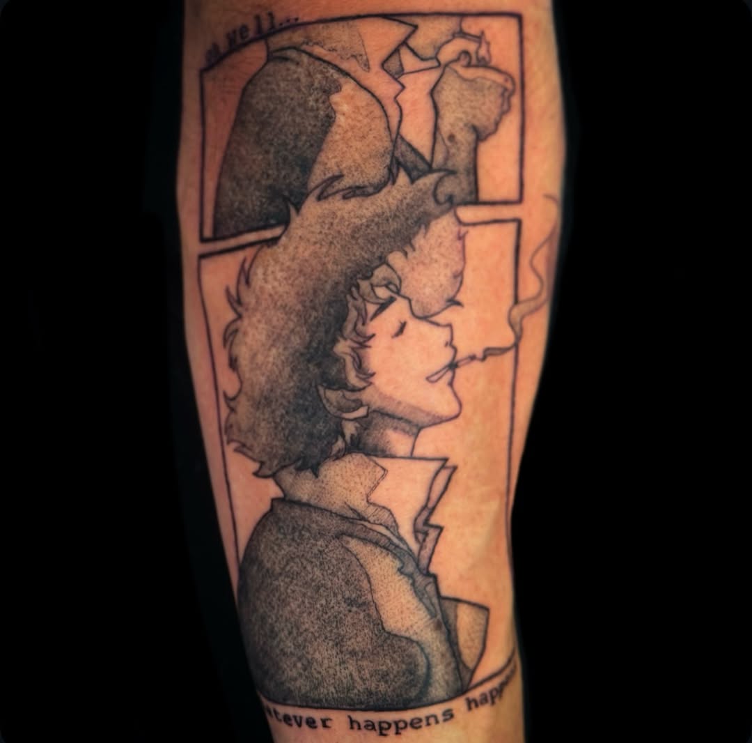 Tattoo by @astrochocobo — anime, black_and_grey