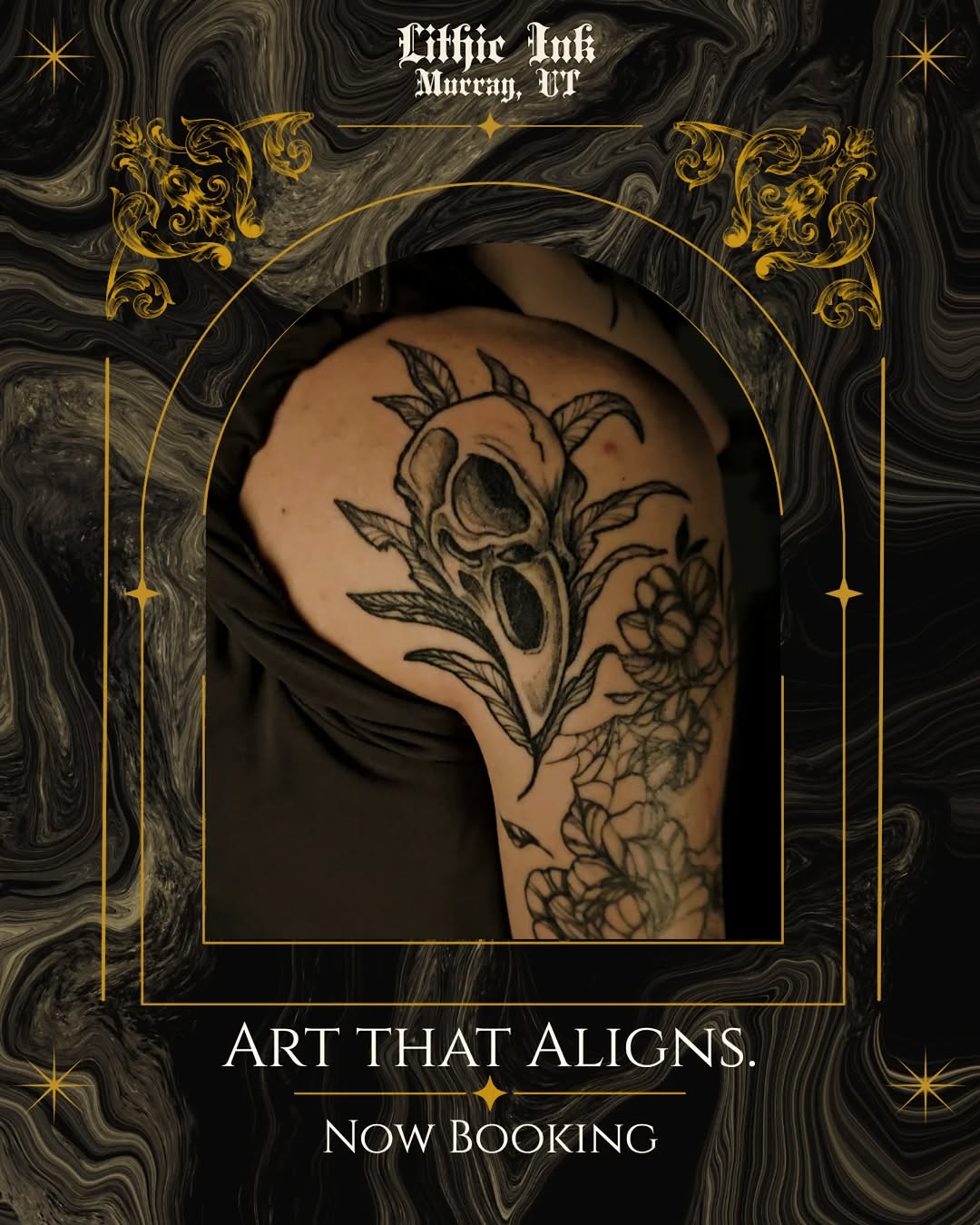 Tattoo by @lithic.ink — black_and_grey, dark_realism