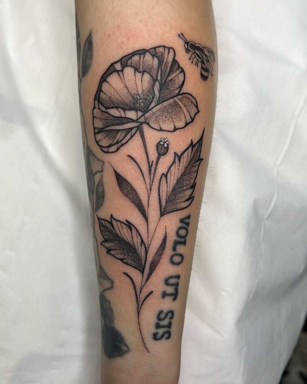 Tattoo by @courtneylloydtattoos — black_and_grey, lettering_script