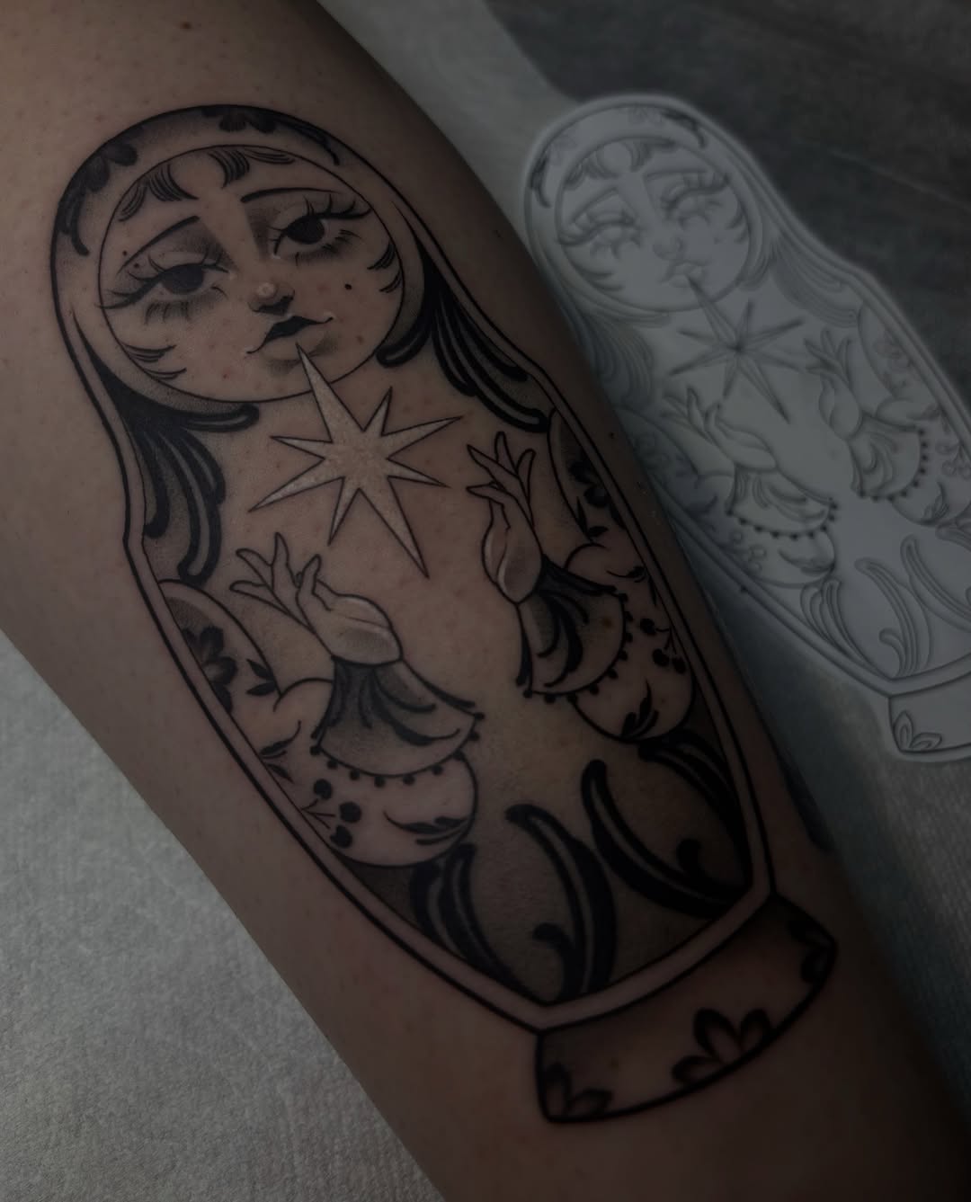 Tattoo by @tattoosbymeach — black_and_grey, neo_traditional