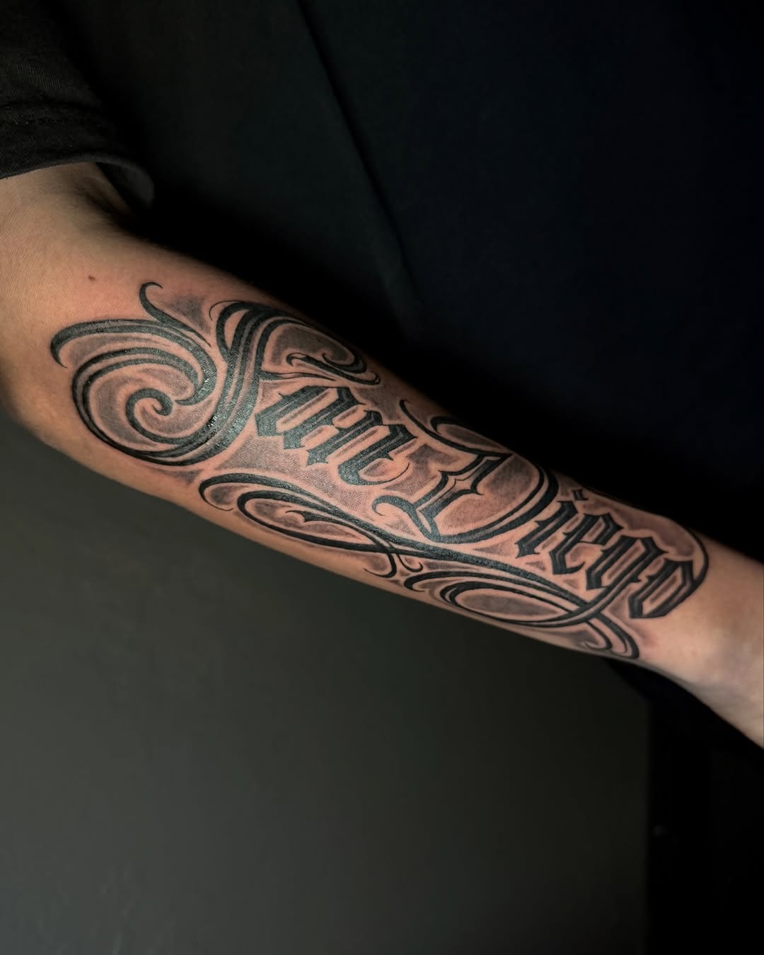 Tattoo by @mamagiatattoos โ lettering_script, black_and_grey