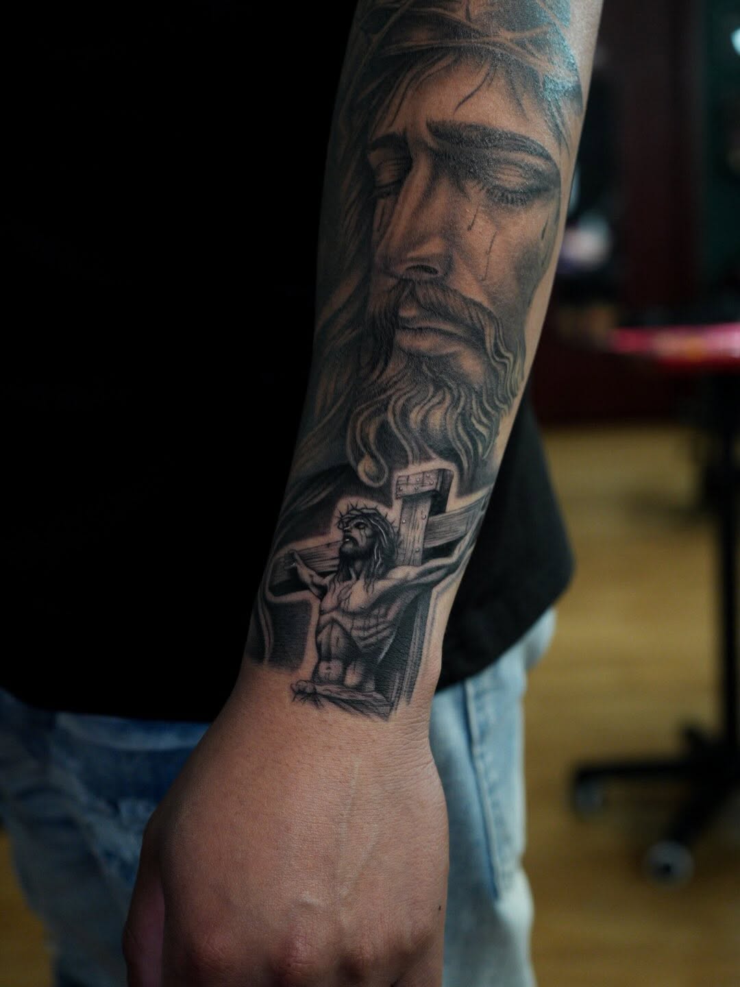 Tattoo by @tats.angel β realism, black_and_grey