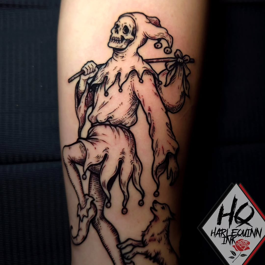 Tattoo by @harlequinn_ink — illustrative, dark_realism