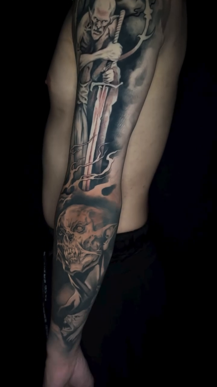 Tattoo by @joshcustomart — dark_realism, black_and_grey